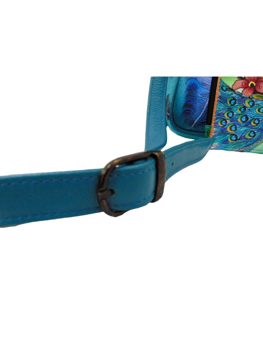 Anuschka Leather Crossbody Purse Wallet Teal Blue Feather Peacock Hand Painted - Picture 10 of 16